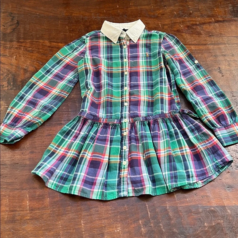 RALPH LAUREN Midi Shirt Dress Flounce Hem Girls Multicolor Madras Plaid Size 7